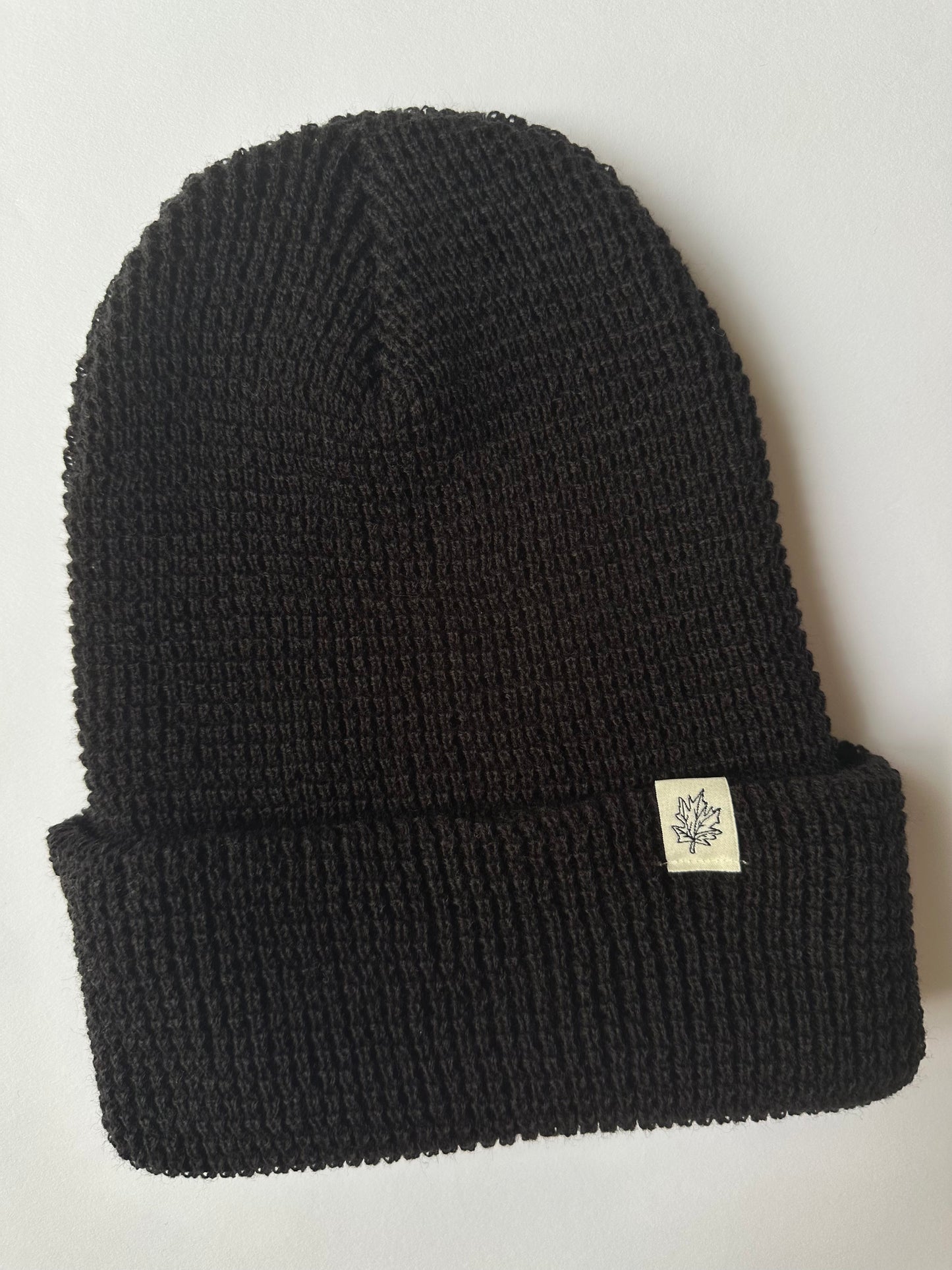 Maple Leaf Cuff on Black Waffle Knit Beanie