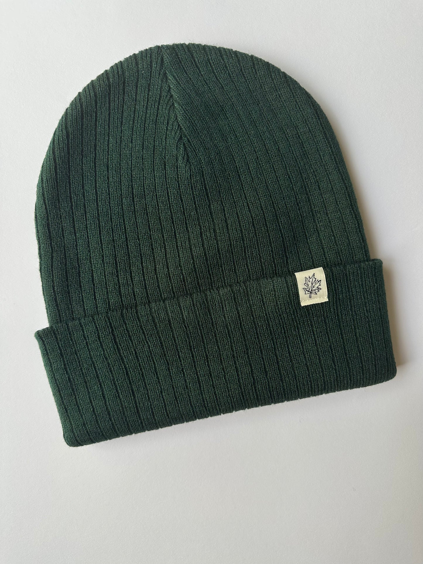 Maple Leaf Cuff on Hunter Green Ribbed Beanie