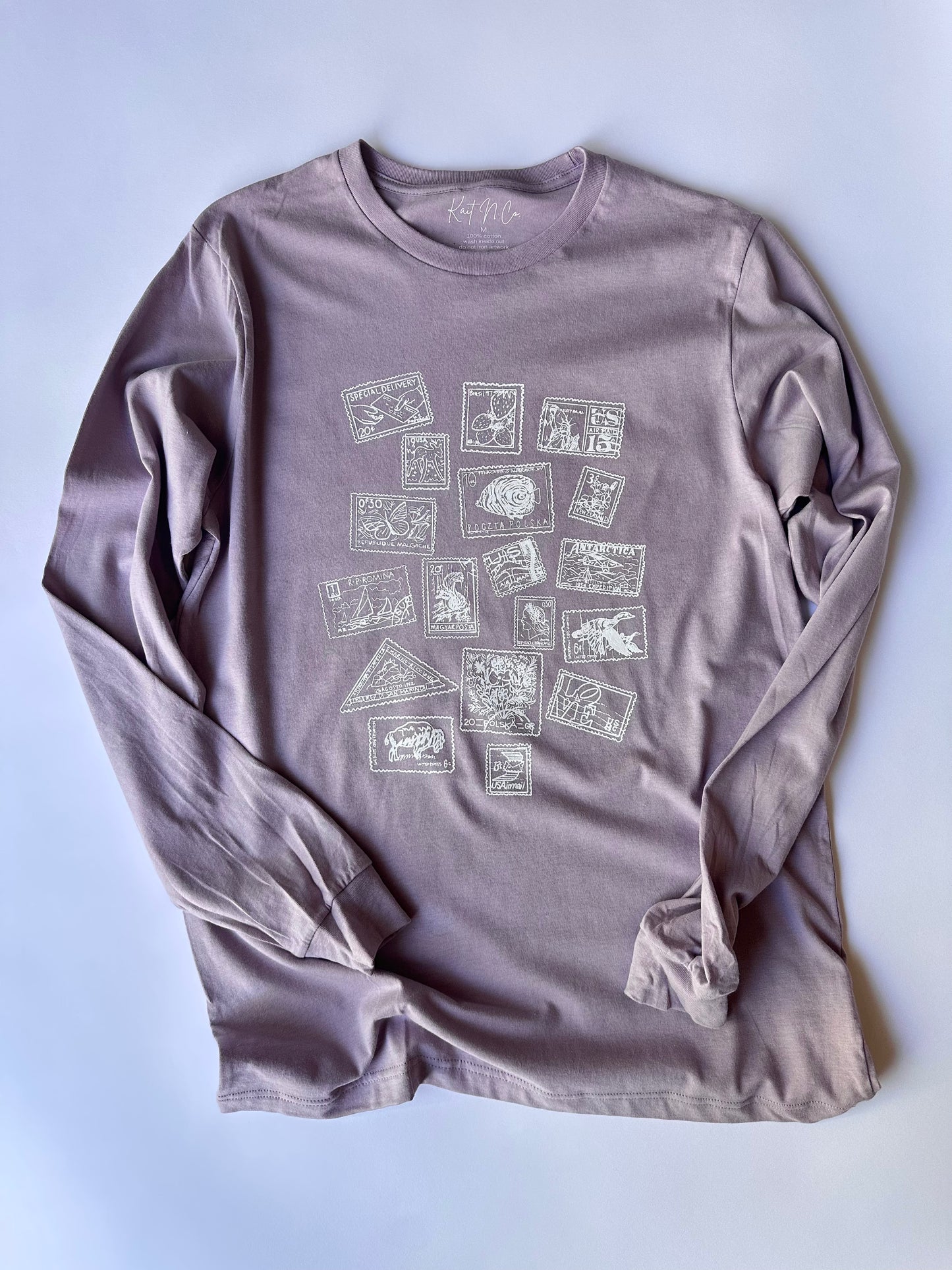 Vintage Stamps on Light Violet Long Sleeve Tee