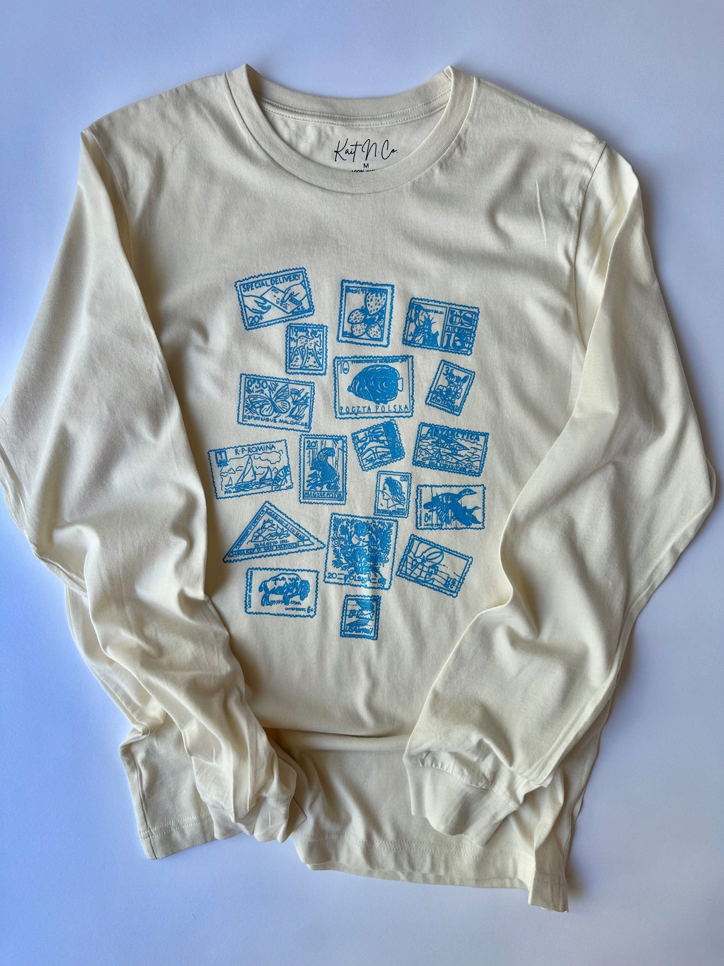 Vintage Stamps on Natural Long Sleeve Tee