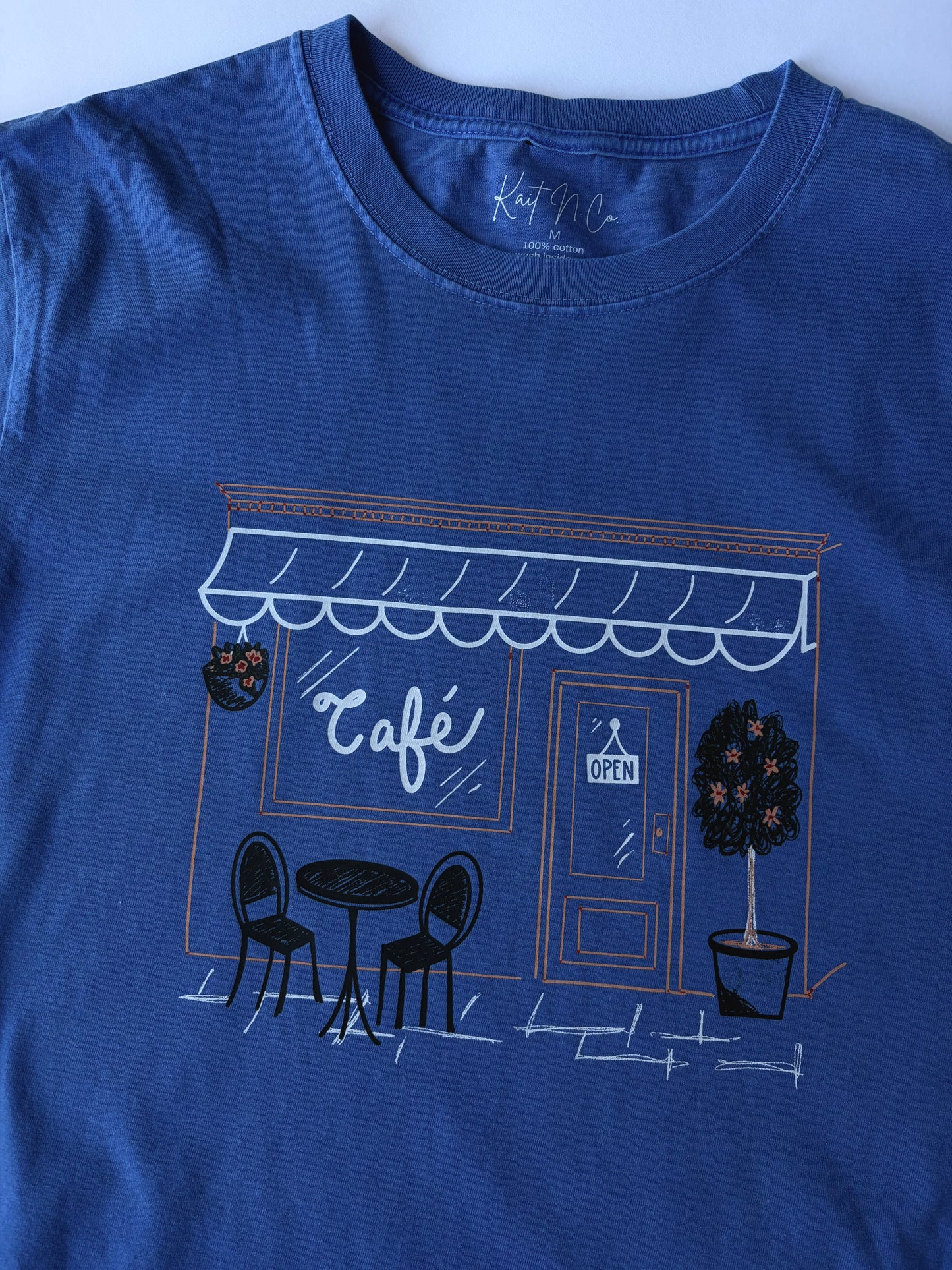 Cafe' on Adult Vintage Washed Royal Blue Short Sleeve Tee