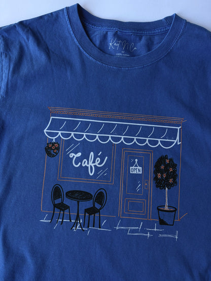 Cafe' on Adult Vintage Washed Royal Blue Short Sleeve Tee