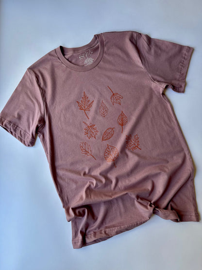 Leaves Tee on Dusty Purple - Burnt Orange Ink