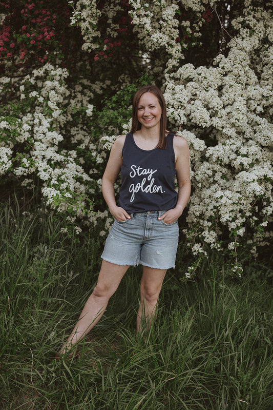 Stay Golden Tank on Navy