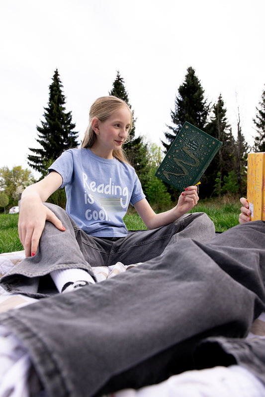 Reading is cool. on Youth Vintage Washed Denim Short Sleeve Tee