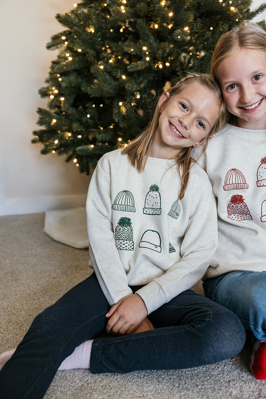 Kids Green Beanies on Natural Heather Sweater
