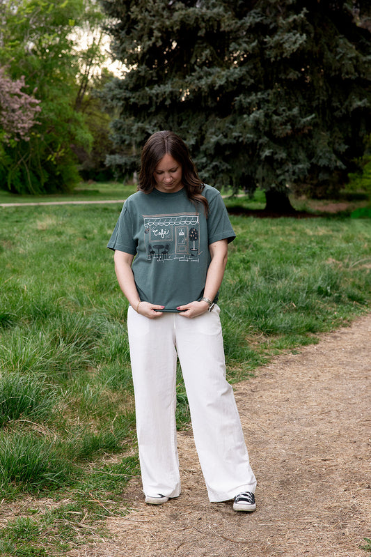 Cafe' on Adult Vintage Washed Pine Short Sleeve Tee