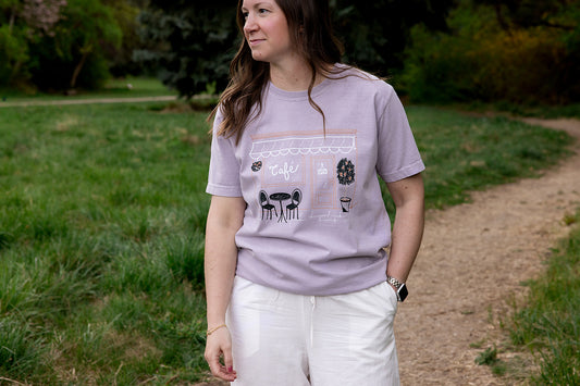 Cafe' on Adult Vintage Washed Lavender Short Sleeve Tee