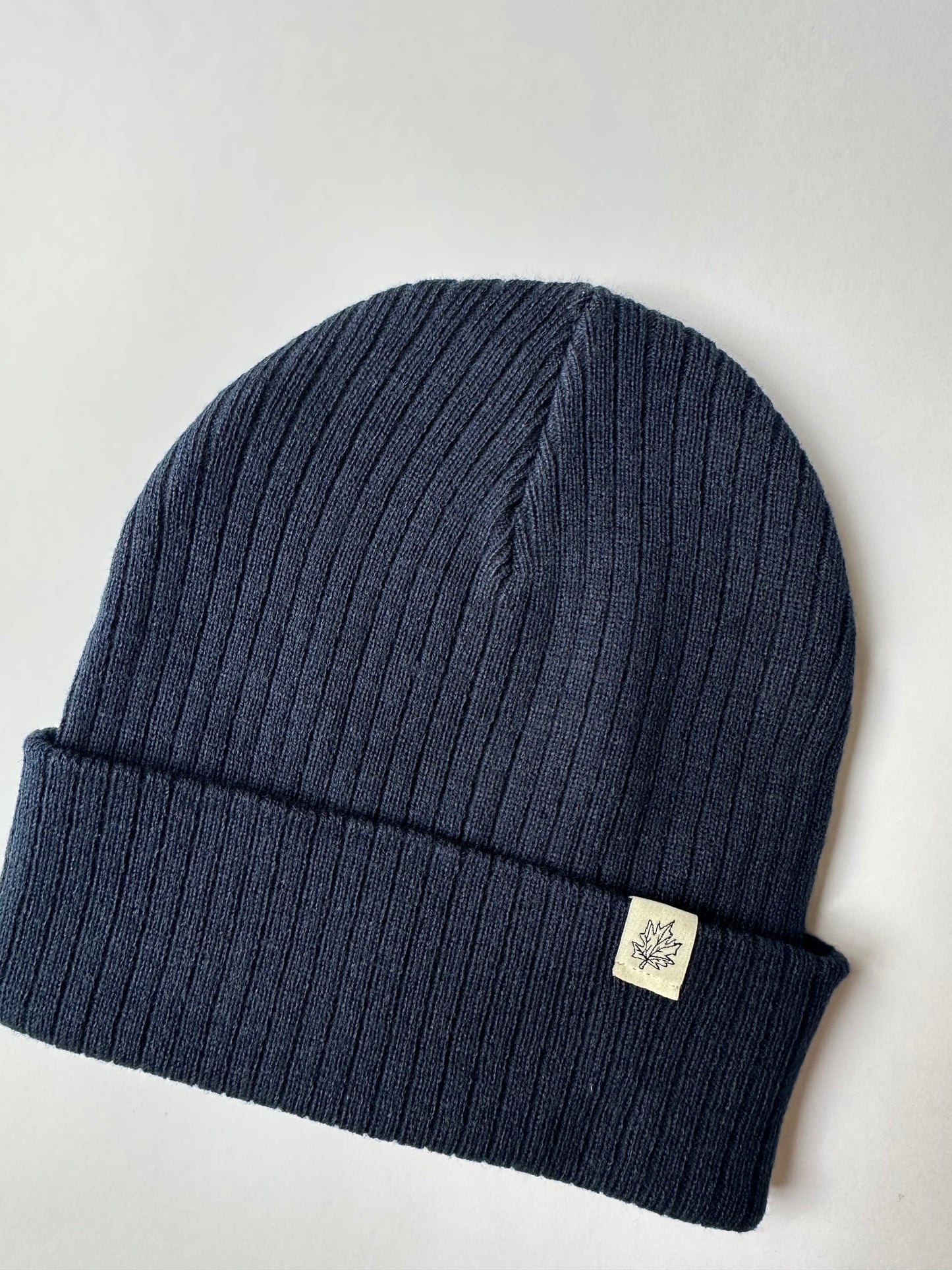 Maple Leaf Cuff on Navy Ribbed Beanie