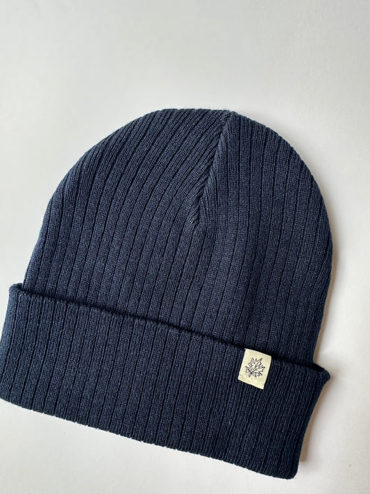 Maple Leaf Cuff on Navy Ribbed Beanie