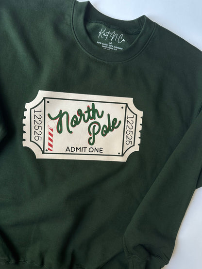 Adult North Pole Ticket on Green Sweater