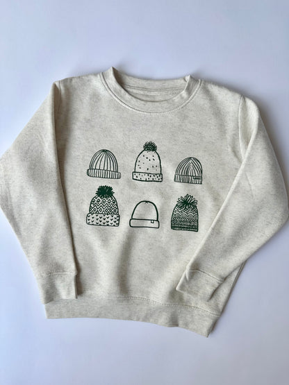 Kids Green Beanies on Natural Heather Sweater