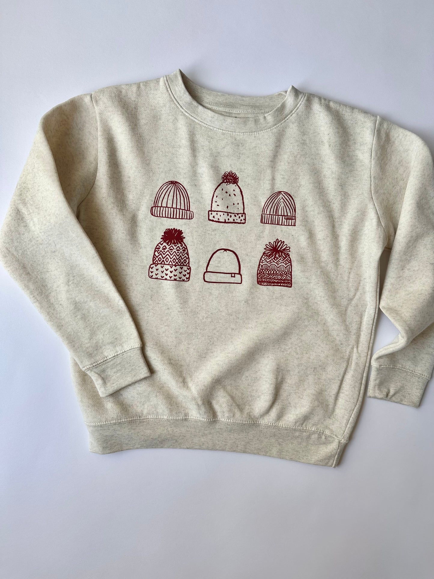 Kids Red Beanies on Natural Heather Sweater
