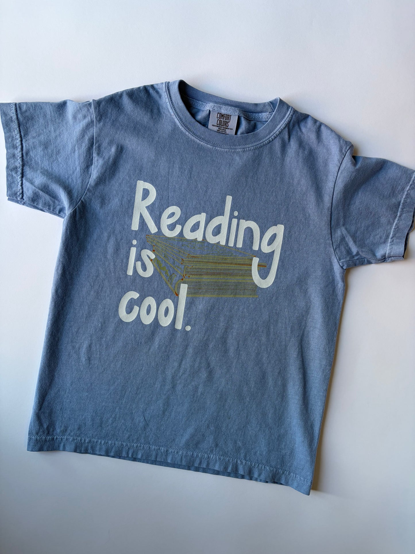 Reading is cool. on Youth Vintage Washed Denim Short Sleeve Tee